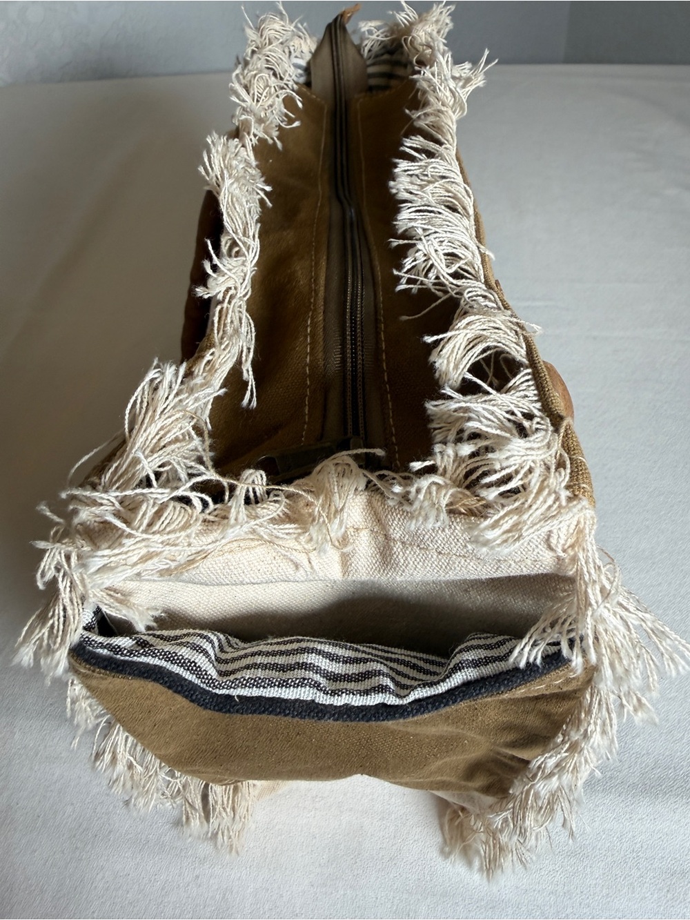 Myra Bag Upcycled Canvas Graphic Tote with Leather Handles and Fringe - Picture 5 of 12